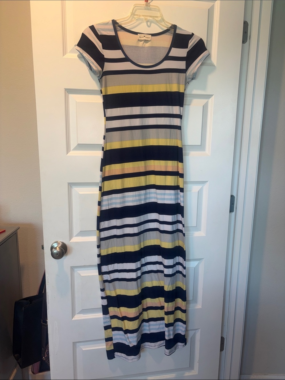 Derek Heart Striped Scoop-Neck Maxi Dress in Navy, Yellow, Peach, & White